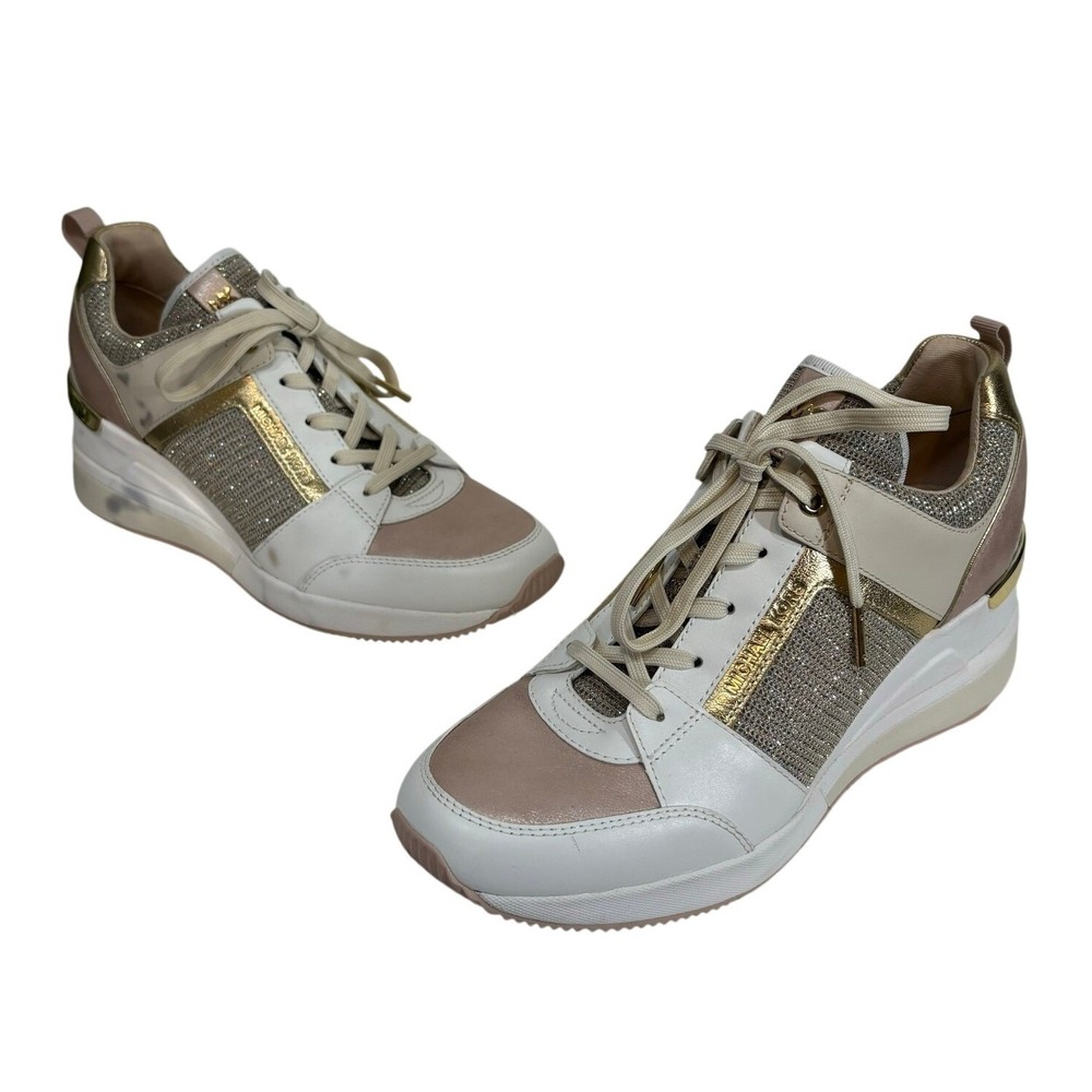 Michael Kors Georgie Leather Sneakers Chain-Mesh Trainer Shoe Wedge Glam size 9
